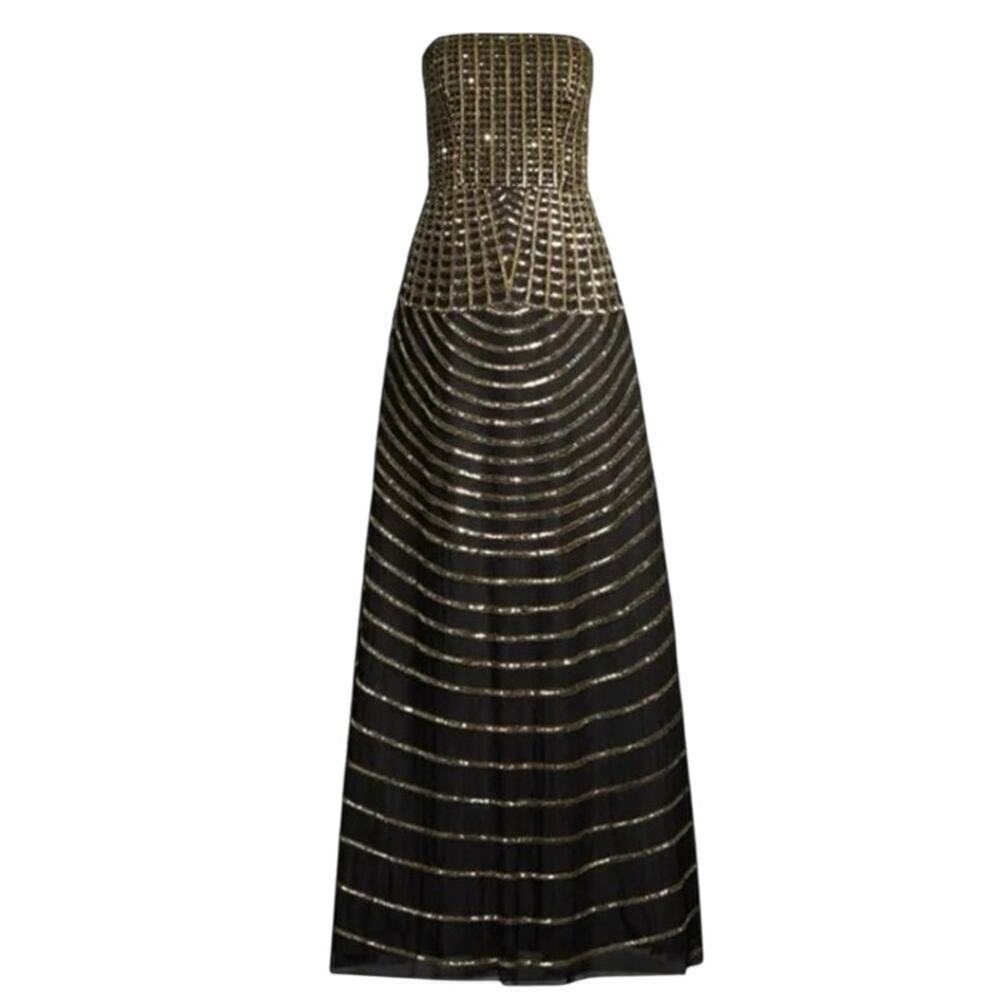 Aidan Mattox Strapless Sequin Gown Maxi Dress Gold Black Size 2 NWOT